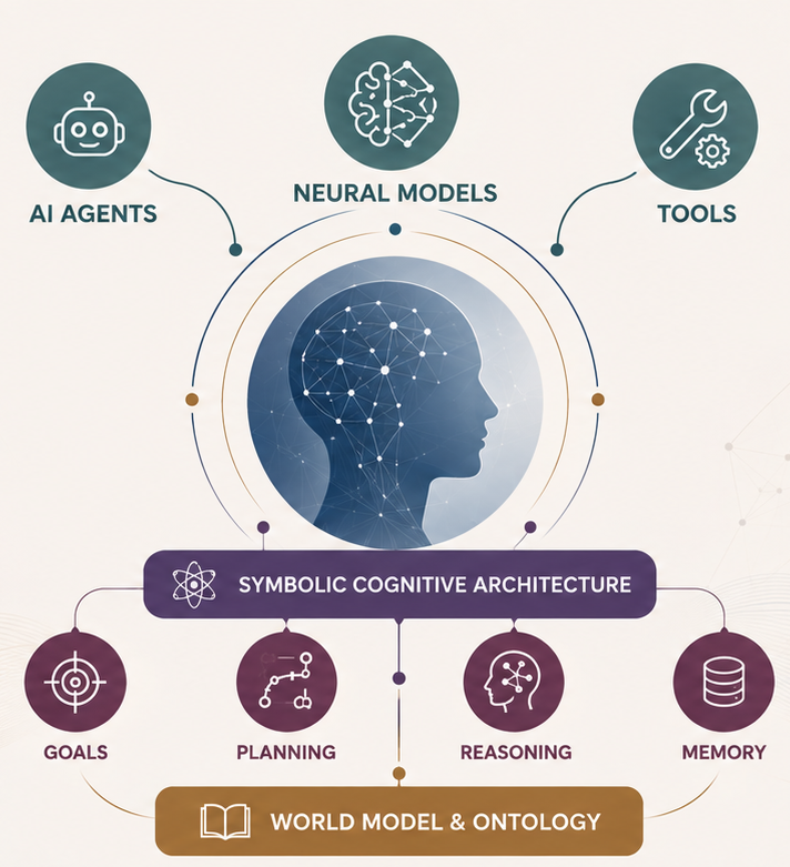 Diagram of OntoAgentic AI: AI agents, neural models, and tools feed into a symbolic cognitive architecture, which coordinates goals, planning, reasoning, and memory, all grounded in a world model and ontology.